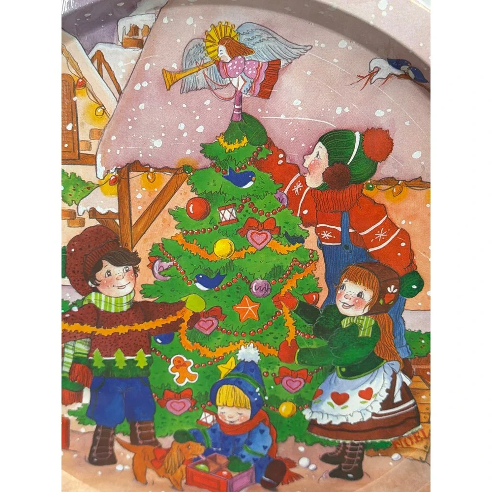 Vintage Christmas Tin Serving Tray Children Decorating Tree Winter Scene Round